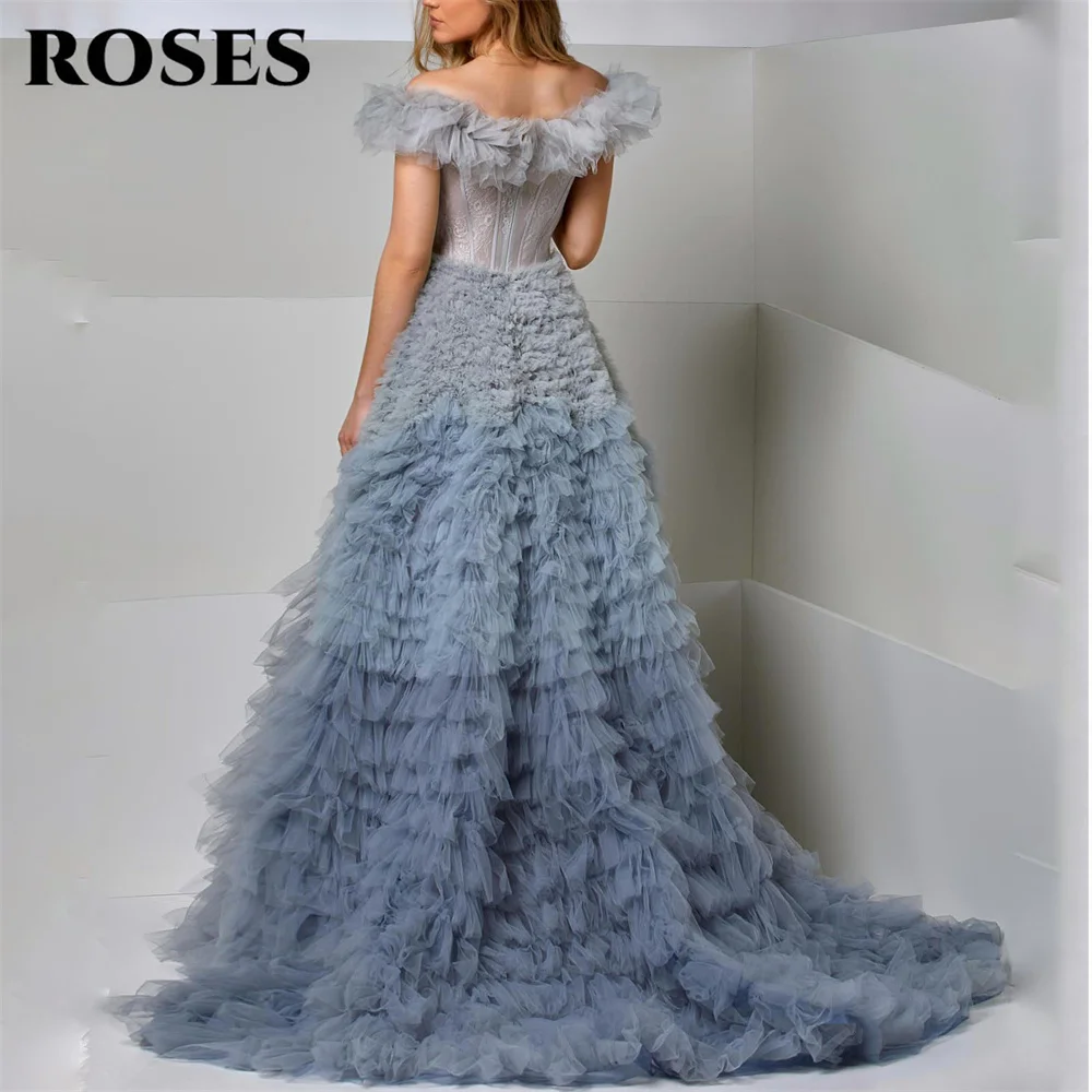 ROSES Gradient Gray Blue Prom Dress Off Shoulder Celebrity Dress Tiered Women's Evening Dresses Tulle Formal Gown Customized