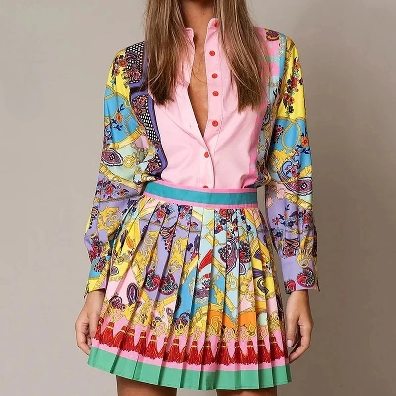 

Women 2 Piece Set 2025 Fashion Printed Long Sleeve Lapel Single Comfort Breasted Button Shirt Top A Line Pleated Mini Skirt Sets