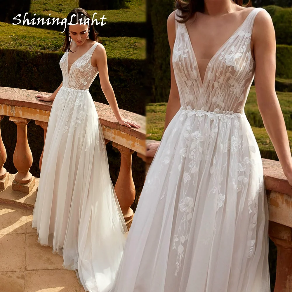 

ShiningLight A-Line Boho Wedding Dresses Lace Appliques V-Neck Sleeveless Tulle Civil Wedding Dresses for Brides Customized