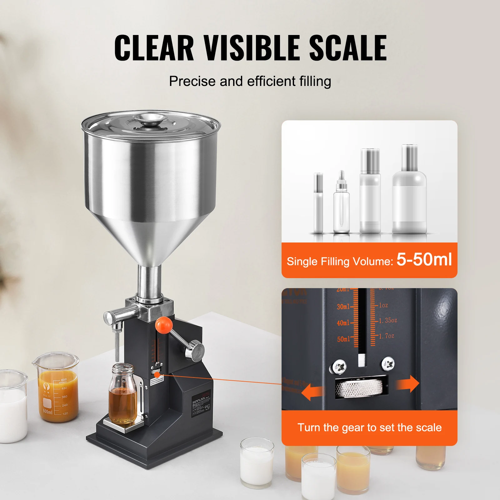 SucceBuy A03 5-50ml/5-100ml Manual Liquid Filling Machine Paste Bottle Filler Adjustable with Hopper for Water Shampoo Honey