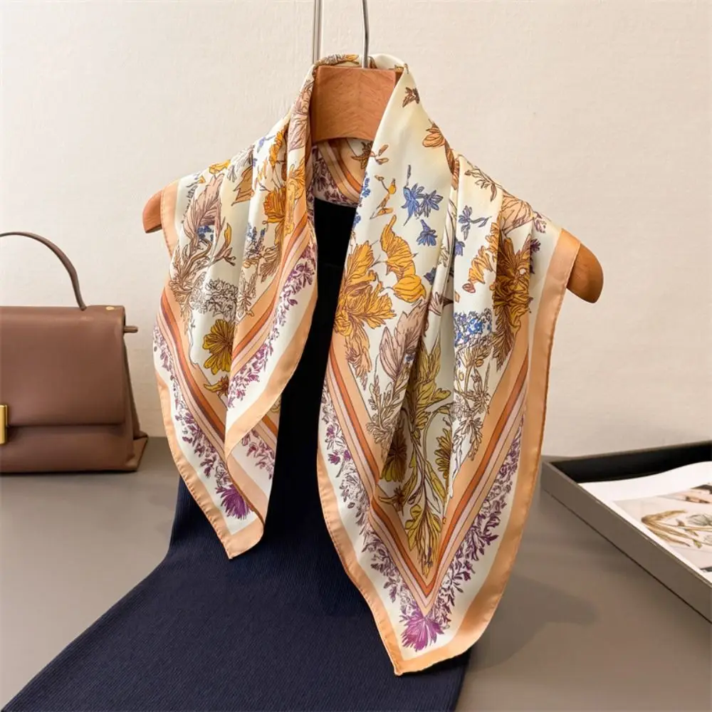 New 70cm Women Silk Scarf Floral Print Square Scarves Foulard Luxury Bandana Hijab