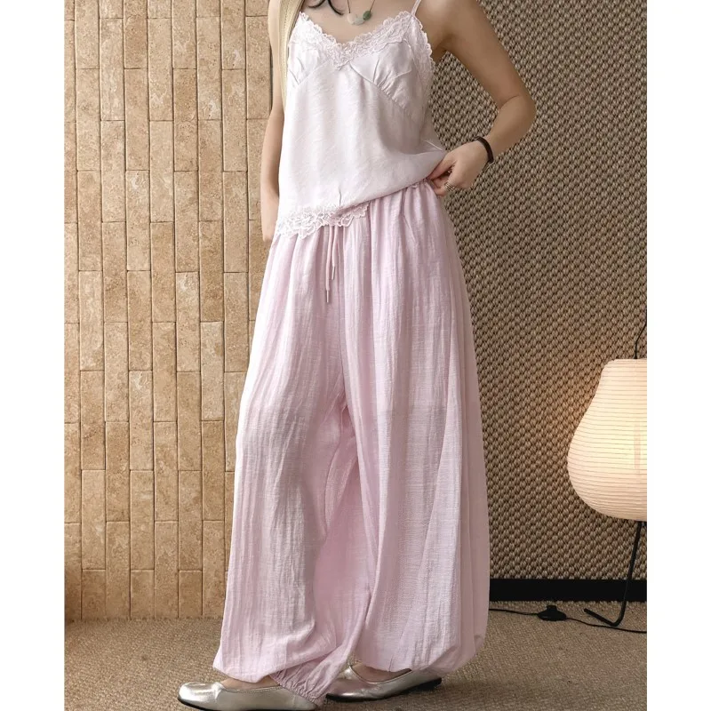 Johnature Minimalist Elastic Drawstring Pleated Casual Pants New Summer Comfortable Loose Relaxed Jogger Pants For Women