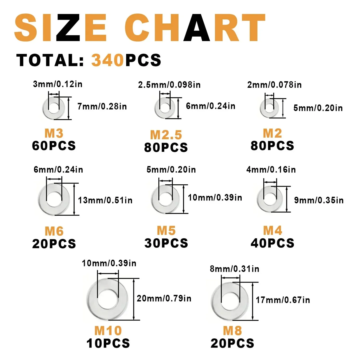 

VKKM 340 шт. M2-M10 Плоская шайба из нержавеющей стали 304, смешанный комплект, устойчивая к ржавчине и гладкая поверхность