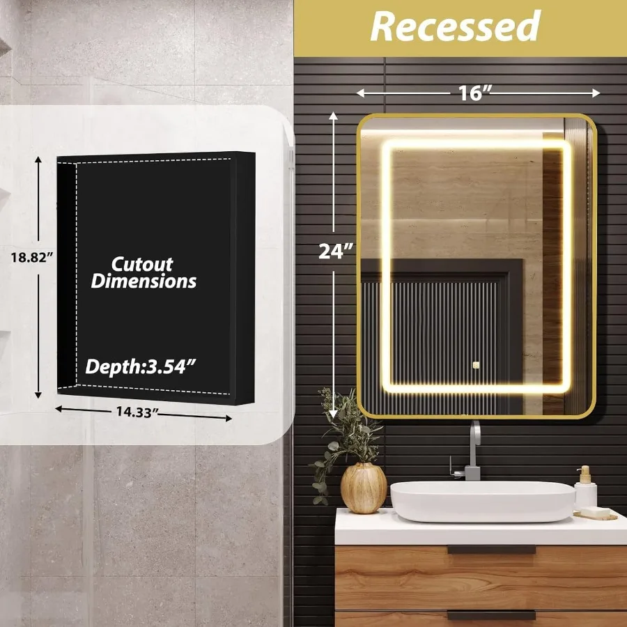 16 x 24 Inch Medicine Cabinet Mirror with LED Lights, Bathroom Medicine Cabinet with Mirror and Storage, Recessed or Wall Mount