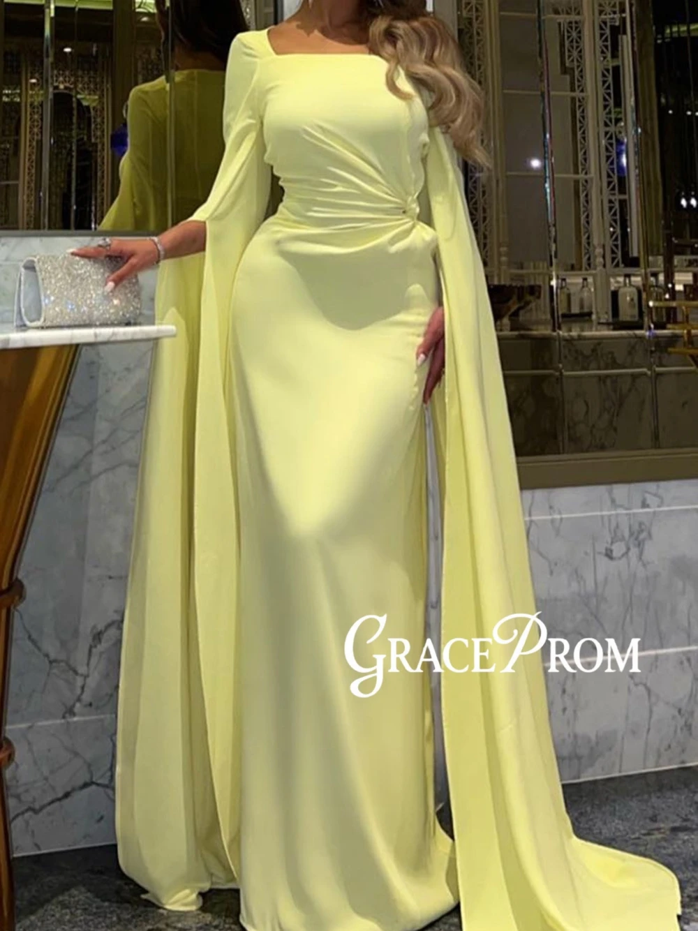 

Formal Occasions Mermaid Evening Dress Simple Classy Flowing Long Sleeves Square Neckline Prom Gown Customized Fitted Waist