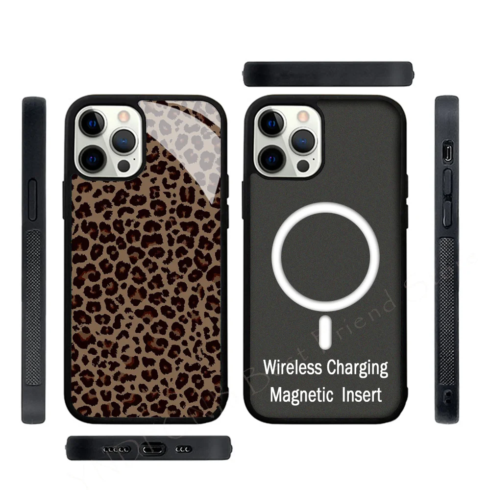 

Leopard Print Phone Case Strong Magnetic For IPhone 15 14 13 Pro Max Alex Mirror For Magsafe Wireless Charging Cover