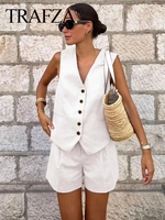 TRAFZA Women Pant Sets Vintage Solid Single Breasted V Neck Waistcoat Tops + Slim Zipper Fly Shorts Summer Office Lady Suit