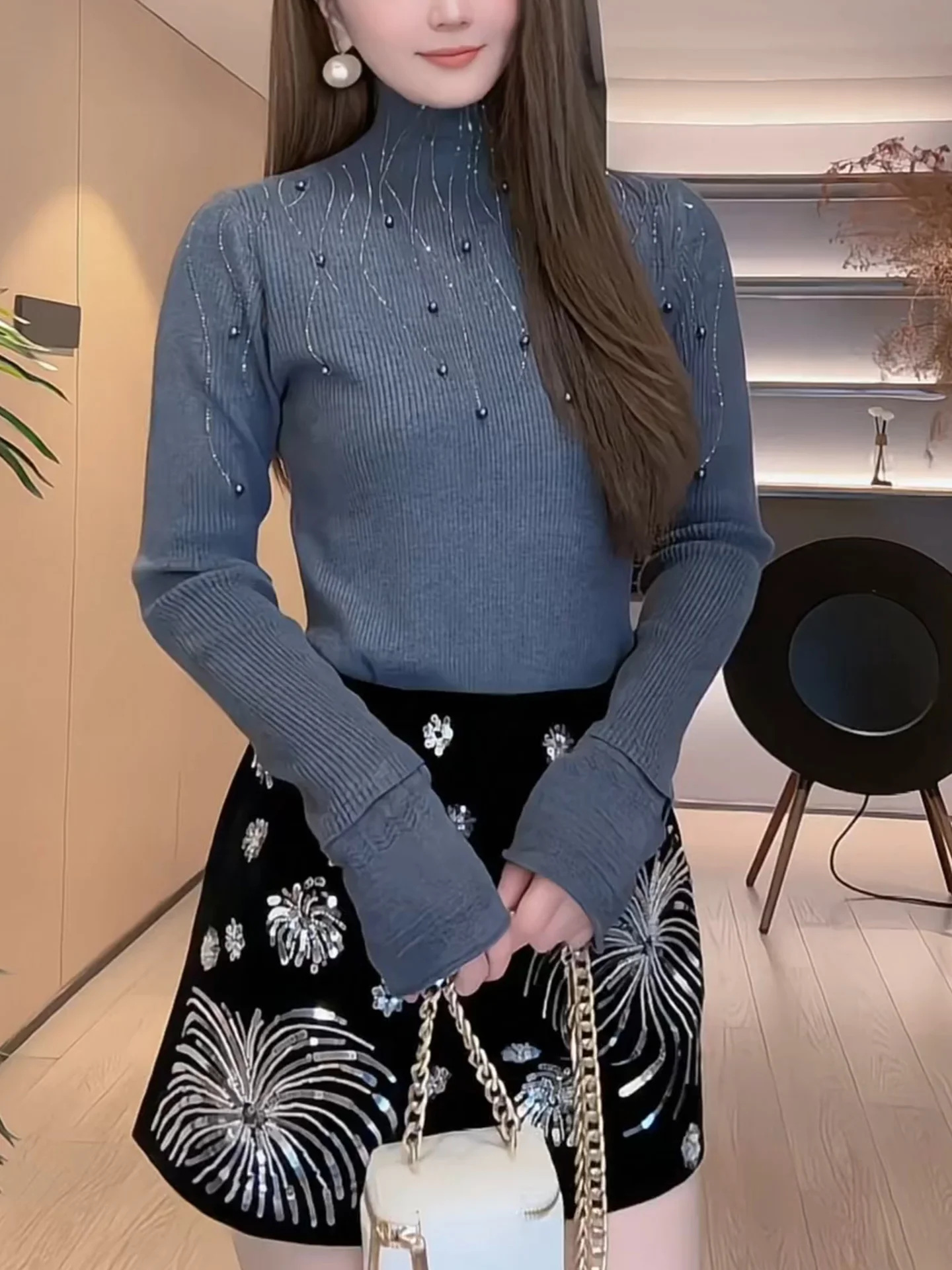 

ay High Ne Beaded Heavy Knit Top Women Long Sve Slim Fit Versatile plus Size Base Layer Casual Sle Premium Feeling