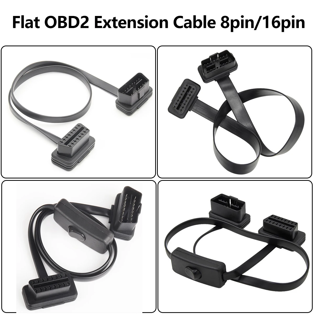 0.3m/0.6/1m/3m/5m/10m Flat 8pin Socket Cable OBD OBDII 16Pin Male To Female Car Scanner OBD2 Extension Cable Connector Cable