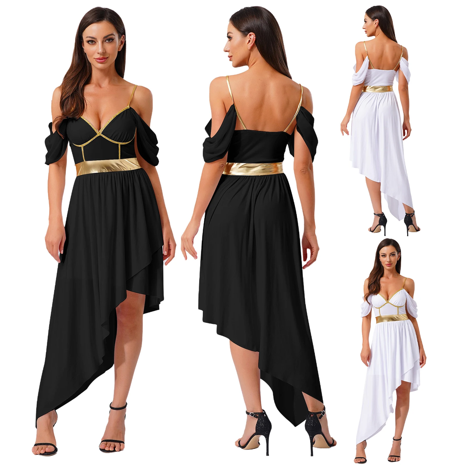 

Halloween Ancient Greek Roman Queen Dress Womens Cosplay Costume Off Shoulder Asymmetrical Hem Sling Dress for Fancy Dress Up