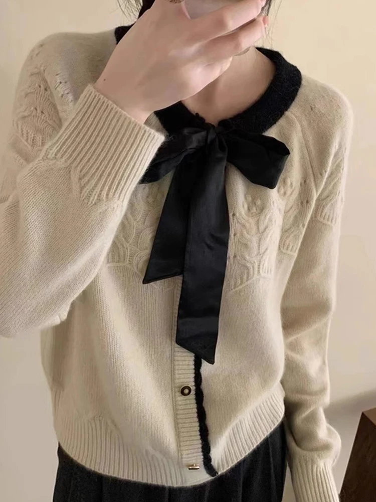 

Ele Мягкий вязаный шерстяной свитер с галстуком-бабочкой, свободный утягивающий кардиган для женщин, модный осенне-зимний свободный крой