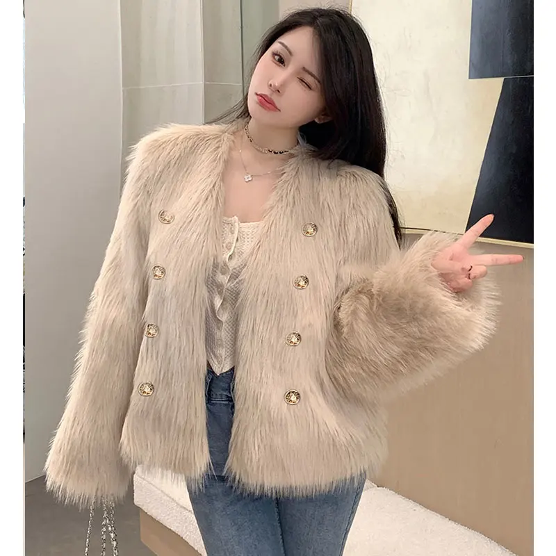 Korean Thick Short Faux Fur Jackets Warm Autumn Winter Warm Luxury Button Party Club Coat Women Vintage Solid Furry Outerwear