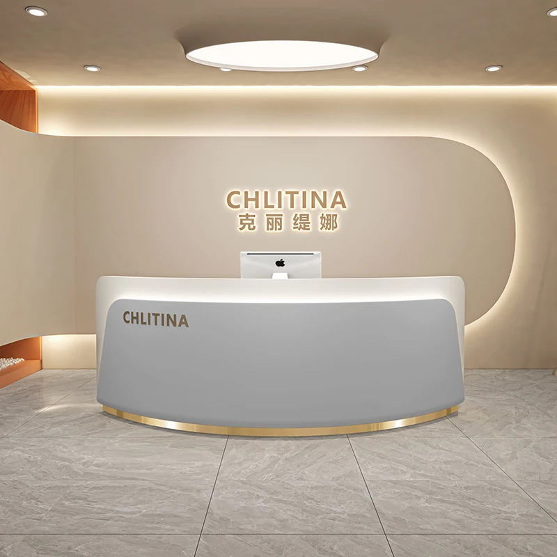 مكتب استقبال للتخزين العميق، مكاتب استقبال كلاسيكية مقوسة للفنادق، أثاث استقبال Mostrador الحديث باللون الأبيض #5