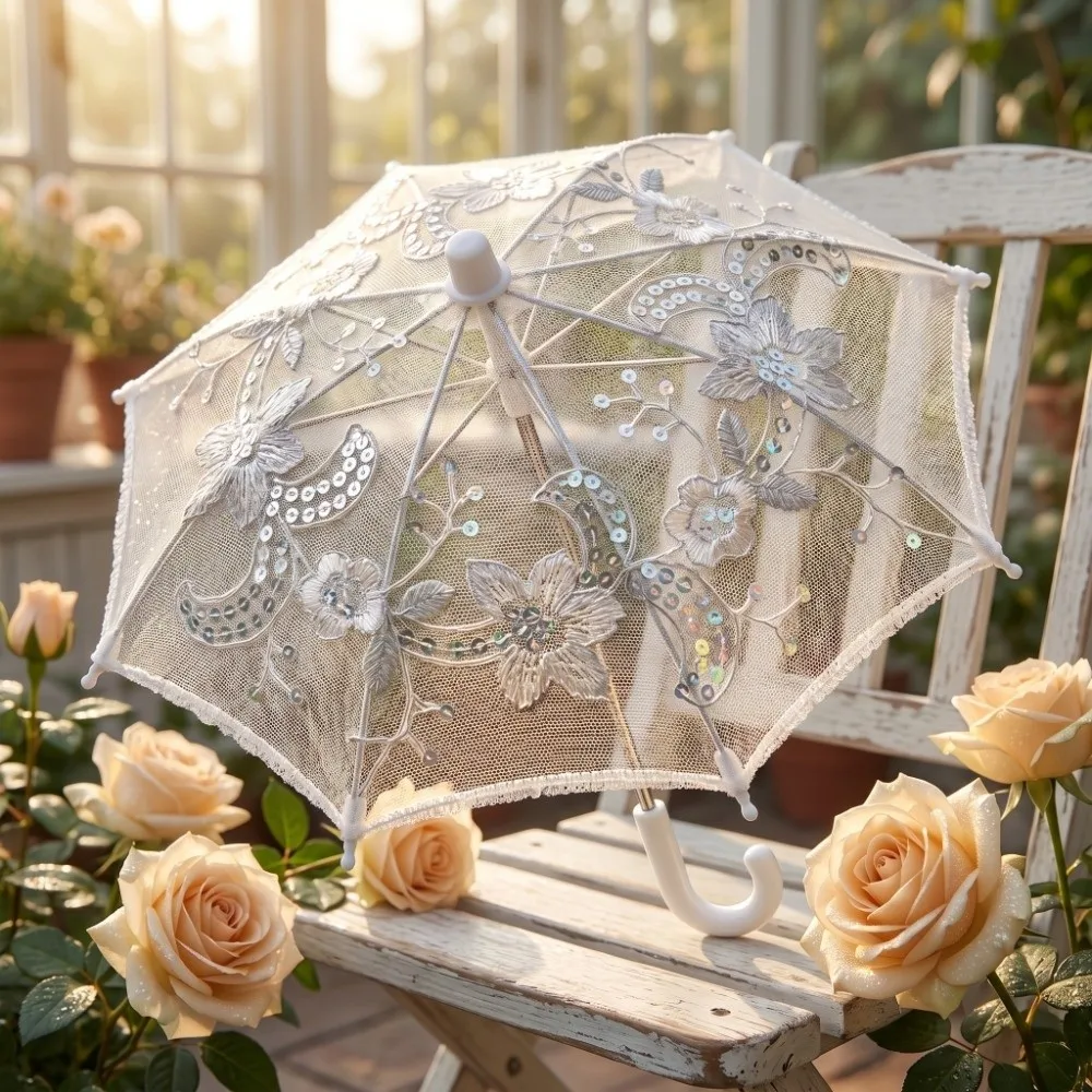 Wedding Decorative Lace Embroidered Umbrella DIY Exquisite Mini Umbrella Party Props Sequin Umbrella Decorations Home Decor