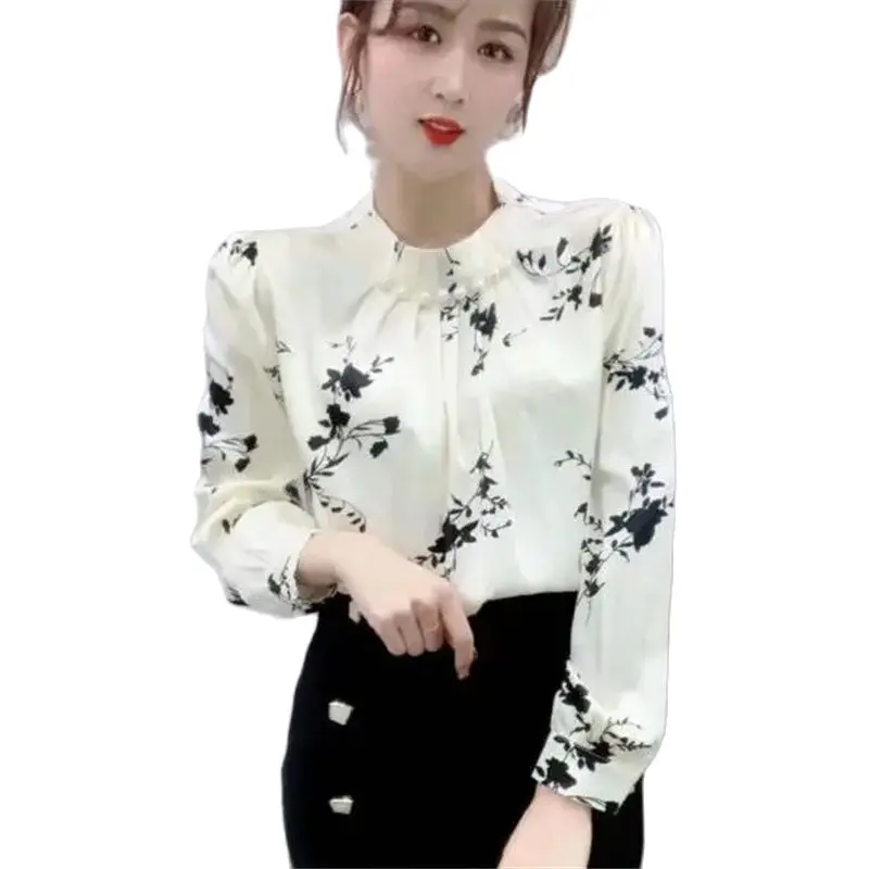 

2022 Spring And Autumn New Net Red Hot Ladies All-Match Shirts Spring Women's Temperament Printed Half Turtleneck Tops