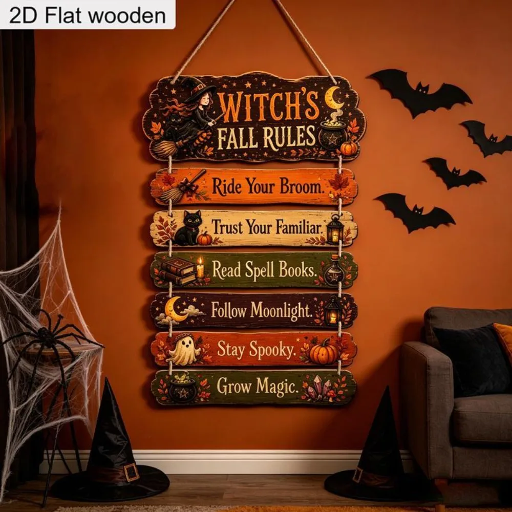 Autumn Halloween Wall Sign Set Vintage Witchy Wooden Plaques with Rustic Designs Farmhouse Decor for Home Porch Seasonal Gift