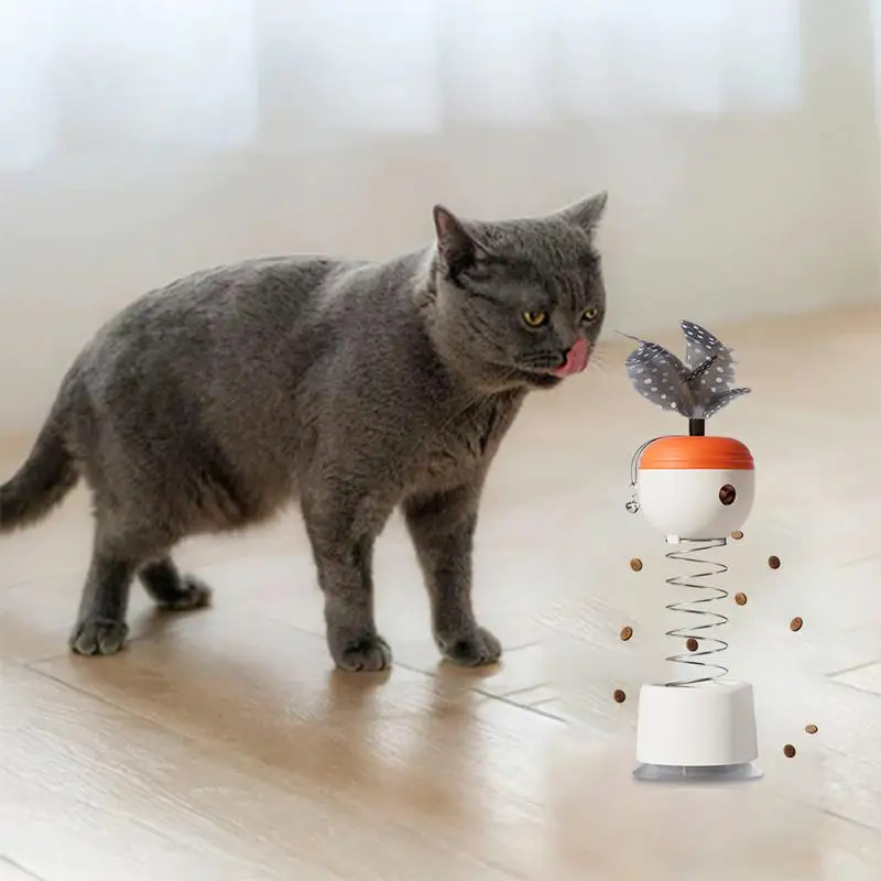 Cat Interactive Feeder Safe Spring-Loaded Cat Treat Feeder Feather Toy With Bell Stable Suction Cup Pet Slow Feeder Puzzle Ball