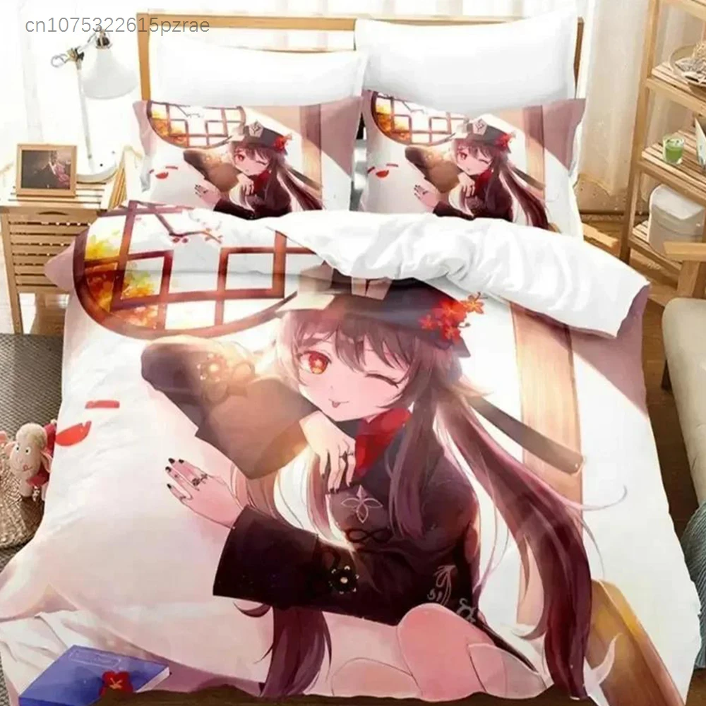新しい3dアニメ「原神」胡桃柄寝具セット、枕カバー付きプリントベッドセット、ソフトなクイーン・キングサイズ寝具、ホーム用