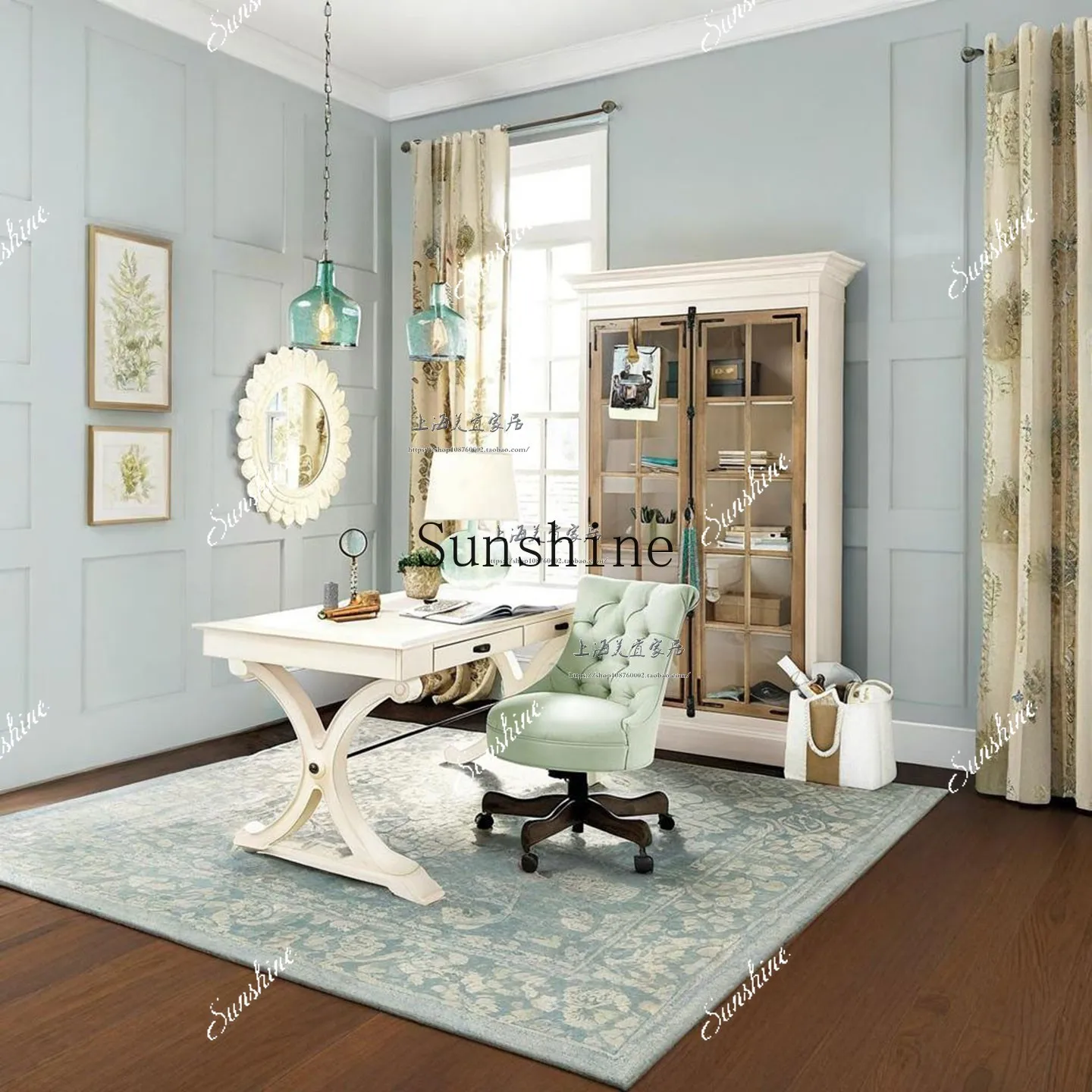 

American study solid wood retro wall glass door contrasting color floor high cabinet storage FT