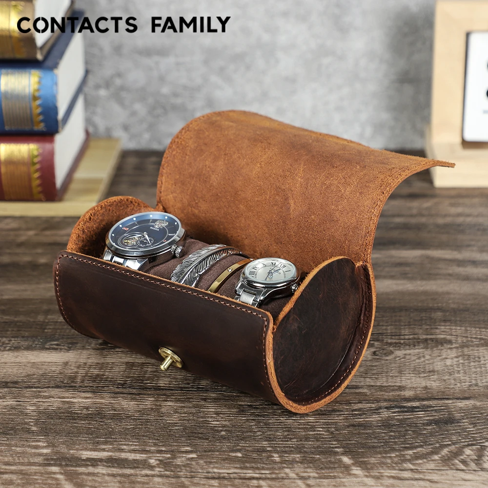CONTACTS FAMILY Handmade Genuine Leather Travel Watch Roll Case Watch & Bracelet Organizer Box Men Women Jewelry Storage Pouch