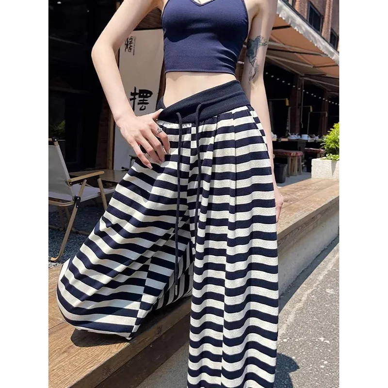 Women's Striped Casual Pants Summer New High-Waisted Wide-Leg Trousers Stylish and Versatile Relaxed-Fit Slimming Long Pant