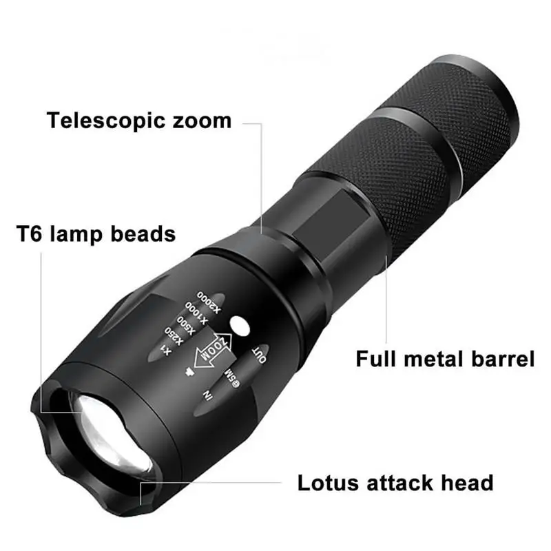 T6 Strong Light Flashlight LED Aluminum Alloy Telescopic Zoom Battery Version Charging Outdoor Searchlight Remote Flashlight