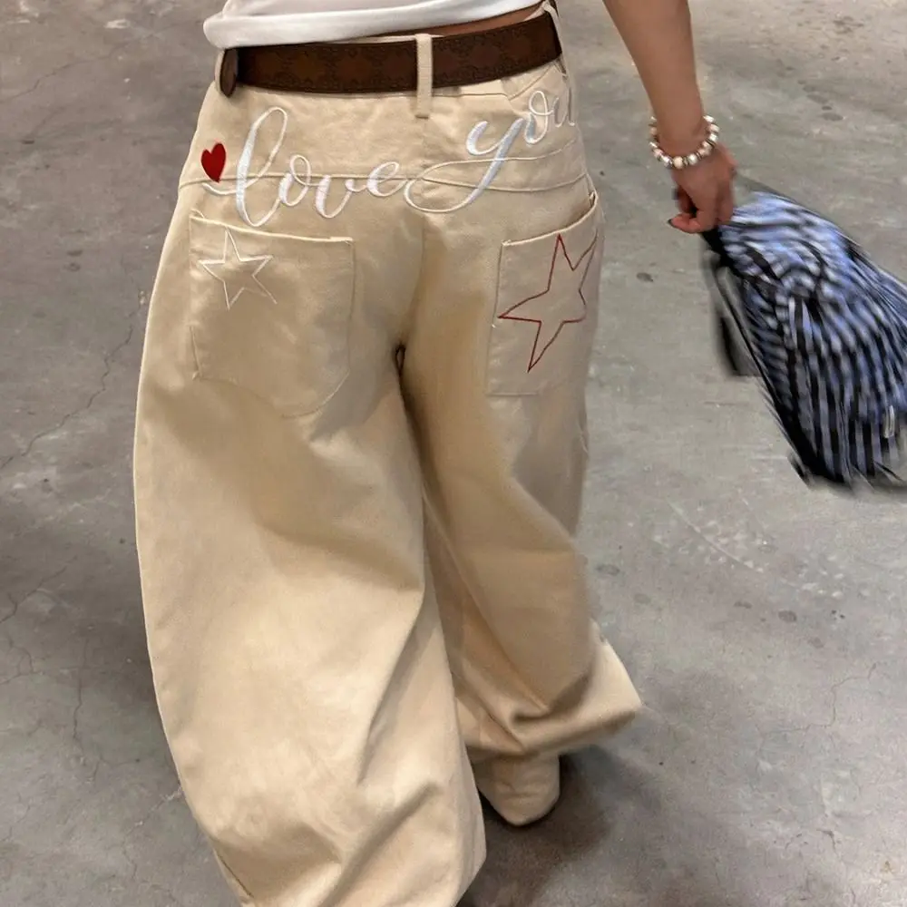 

Простые джинсовые джинсы с высокой талией, свободные мешковатые ковбойские брюки, широкие джинсы в стиле ретро со звездами, женские вечерние Y2k