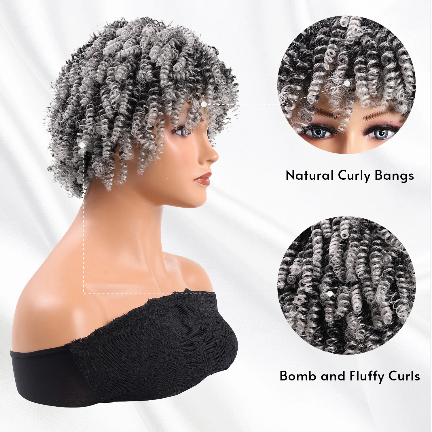 باروكة صناعية قصيرة مجعدة بطول 35.56 سم من الألياف المقاومة للحرارة، سهلة التصميم، قطعة شعر نسائية باللون البني والأسود الطبيعي #3