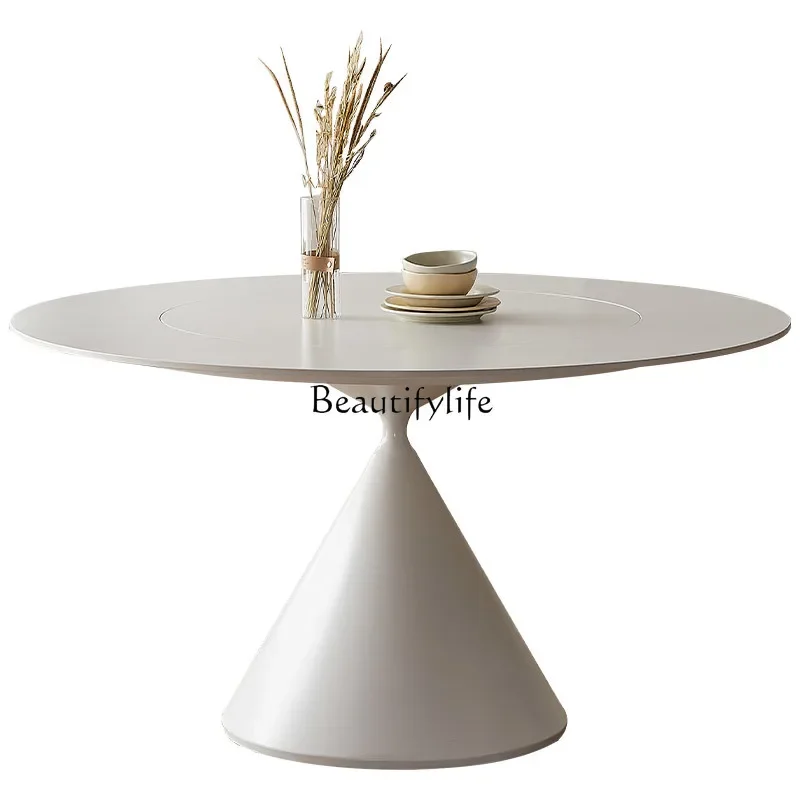 Rock slab dining table French cream pure white small apartment household round rock slab round table