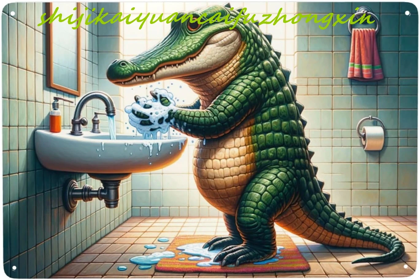 Charming Alligator Hygiene Tin Sign Vintage Home Decor Unique Metal signs Poster for Children’s Bathroom, Playrooms wall art dec