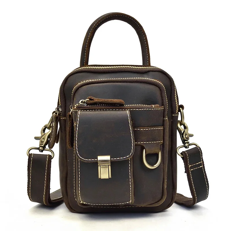 Genuine Leather Shoulder Bag Waist Dual Use Men Small Crossbody Messenger Belt Pouch Crazy Horse