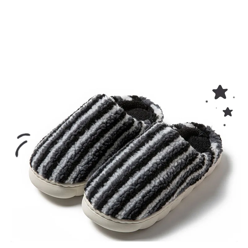 

2025 Women's Winter Stripe Plush Slippers Fashion Non-Slip Soft Sole Home Cotton Shoes for Men Warm Indoor House Fluffy Slippers