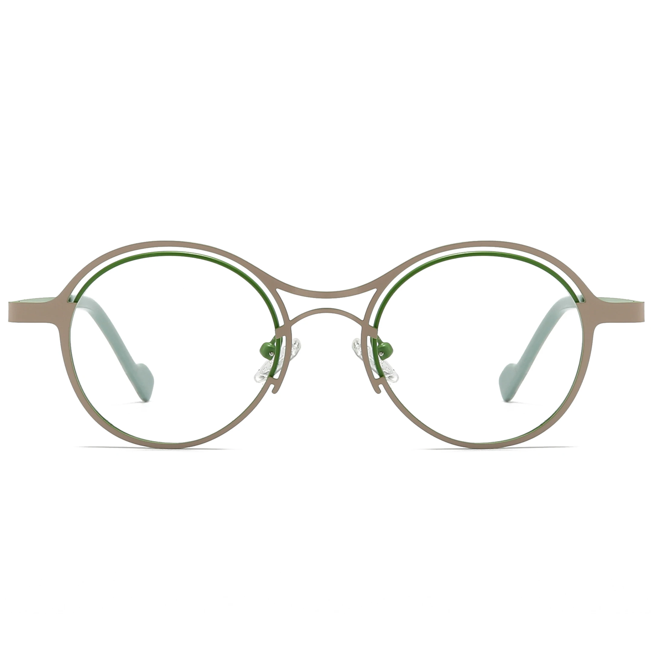 Fytoo Women's Vintage Modern Reading Glasses - Green Full Metal Frame Round Semi-Hollow Design