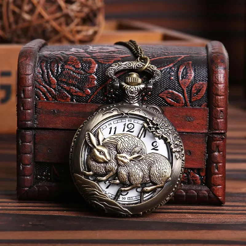 

Thin chain bronze large case surface relief two cute big fat rabbit pay auspicious flower pattern
