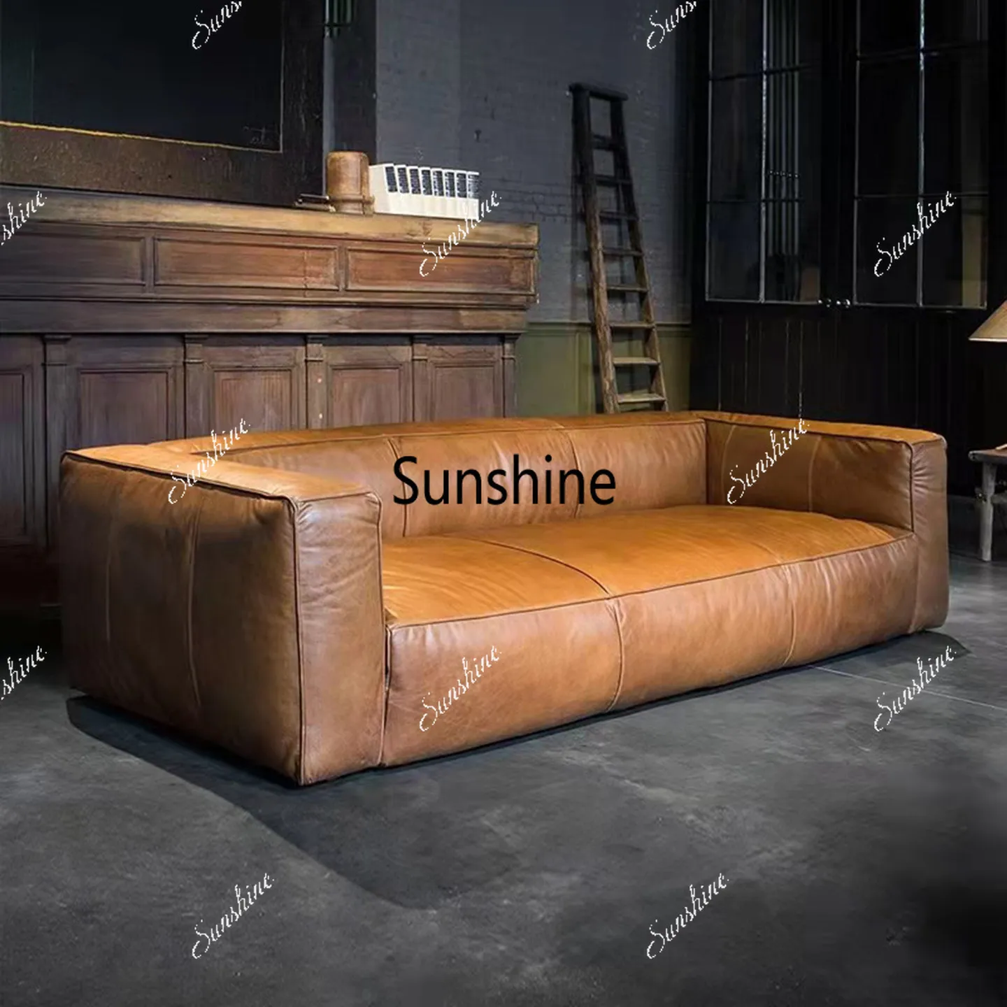 

American three-person retro old oil wax leather module industrial style sofa