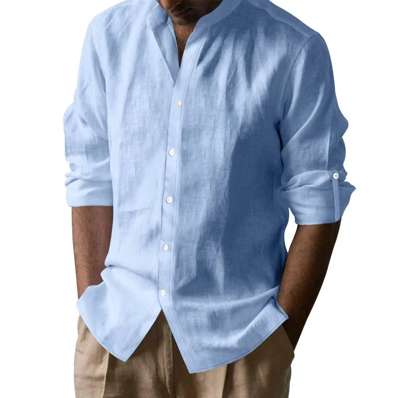 

American Style Mens Hawaiian Cotton Linen Stand Collar Breathable Henley Casual Long Sleeve Shirt