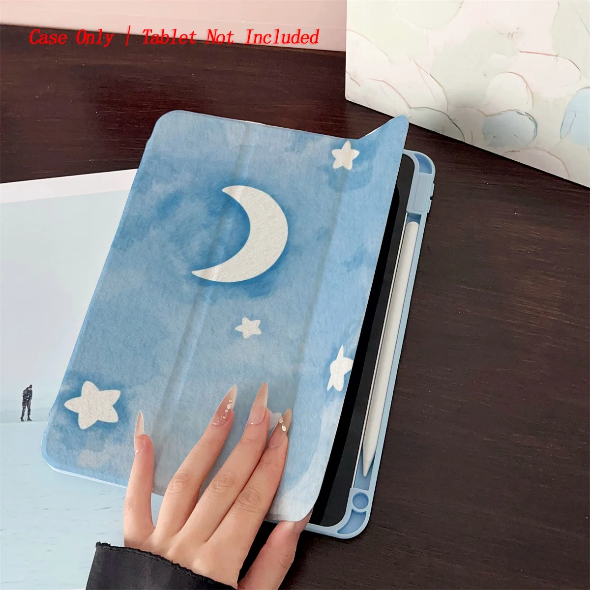 Dreamy Blue Background & White Moon + Stars iPad Case For Apple iPad Pro 11/12.9 Air 4/5 Mini 6 10th Gen Cover