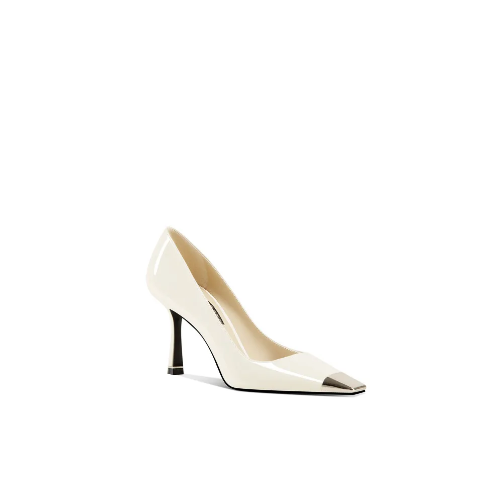 Spring New Women's Square Toe Thin Heel Pumps White Patent Leather Upper Elegant Sense Versatile Stilettos Heel Height