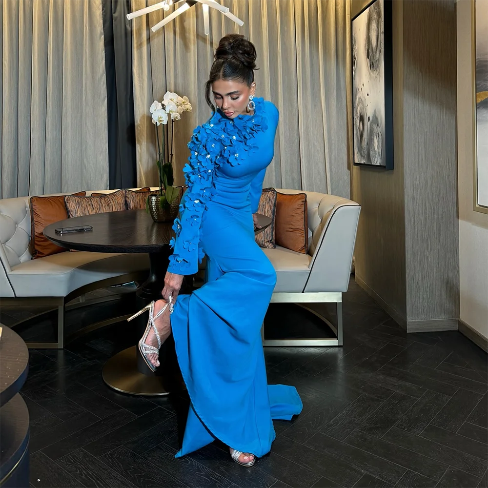 Saoedi-Arabische avondjurk blauw O-hals lange mouwen applique zeemeermin avondjurken geplooide lange formele jurken op maat