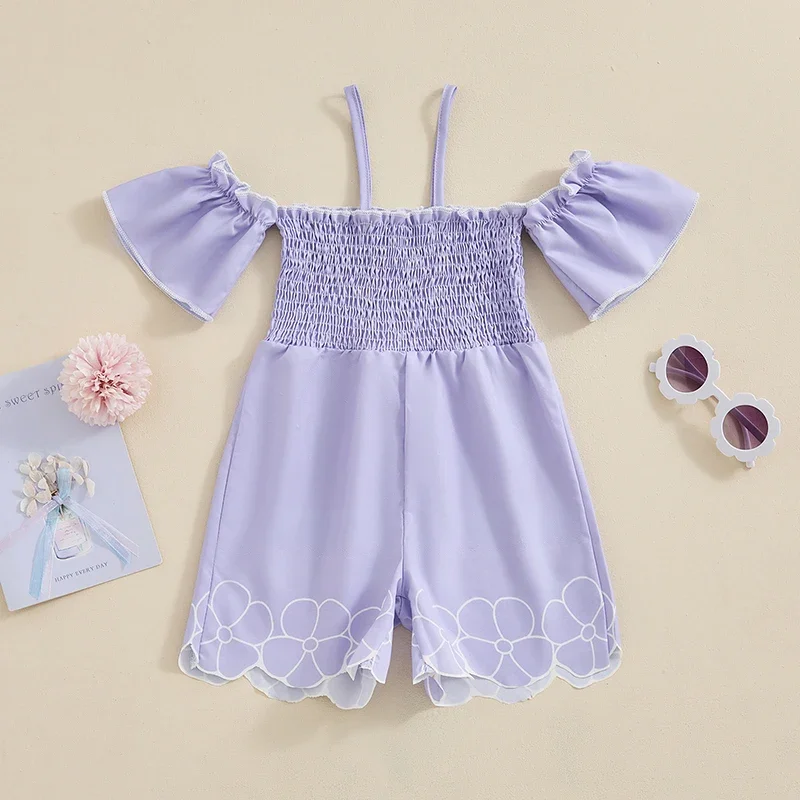 Toddler Girl Jumpsuit Short Sleeve Spaghetti Straps Pleated Flower Print Romper Summer Clothes