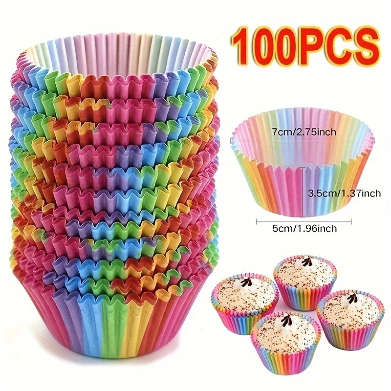 100 Stück Regenbogen-Cupcake-Einlagen – Einweg-Backförmchen aus Papier für Cupcakes, Muffins und Desserts – Küchenzubehör und Party