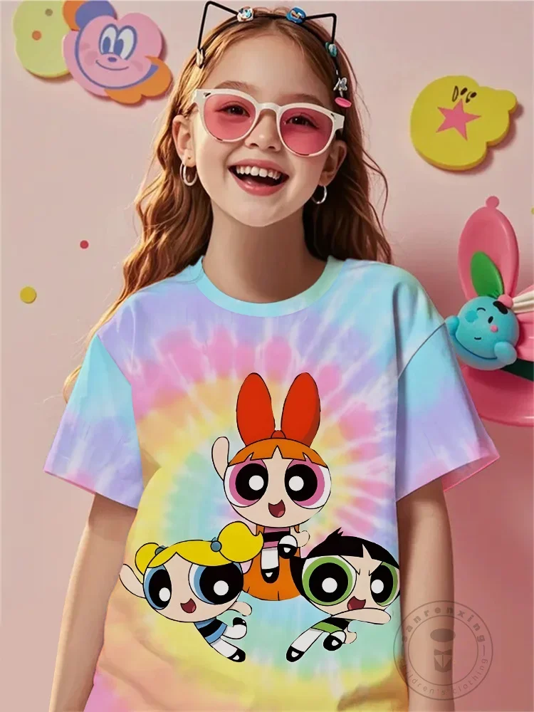 

Ограниченная серия футболок Powerpuff Girls 2025 года, новая летняя футболка с 3D принтом и короткими рукавами с круглым вырезом, детская уличная одежда с милыми героями мультфильмов