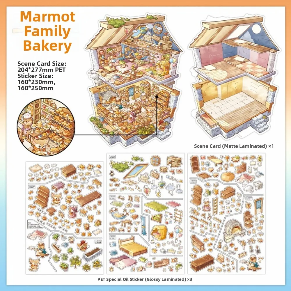 Shop Theme 3D Scene Stickers Large Size Beach Library Stacking Stickers PET Die Cut Supermarket Stationery Stickers