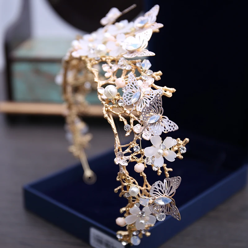 Luxury Crystal Beads Pearl Butterfly Costume Jewelry Sets Floral Rhinestone Choker Necklace Earrings Tiara Wedding Jewelry Set image 3