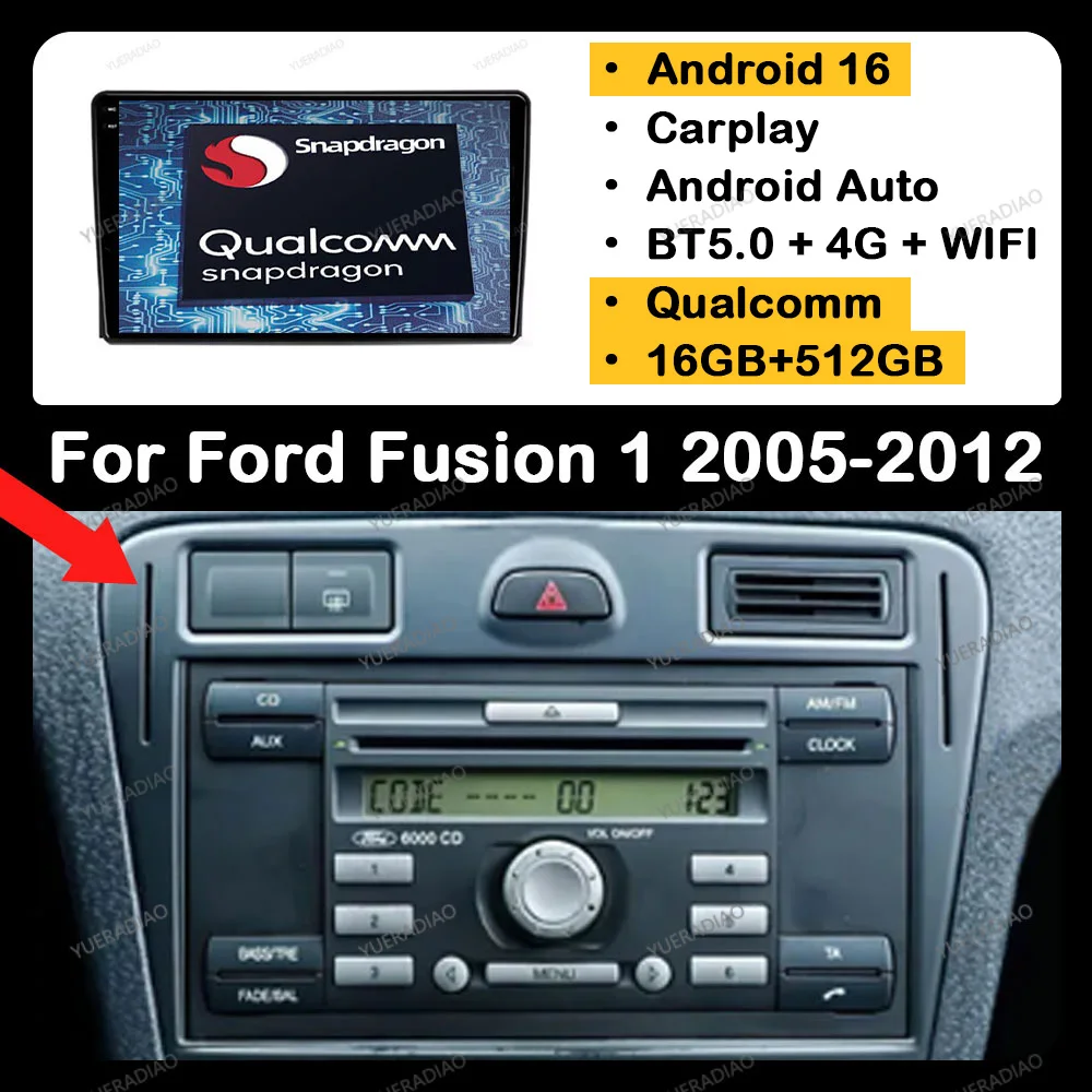 Android 16 Autoradio für Ford Fusion 1 2005 - 2012 GPS NAVI Multimedia-Videoplayer 4G WIFI Wireless Carplay Auto QLED Head Unit