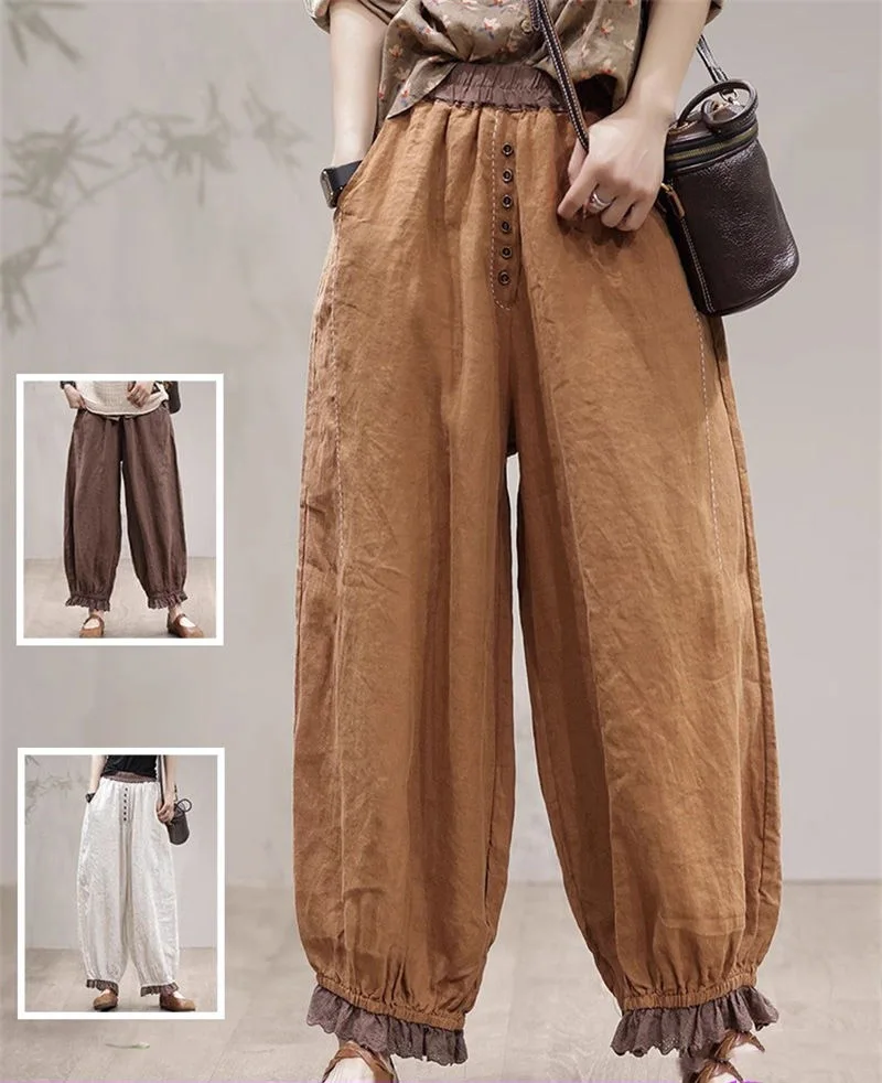 

Autumn 2023 Retro Contrast Linen Casual Lantern Pants Large Size Women's Hem Lace Split Wide Leg Harlan Trousers Z2740