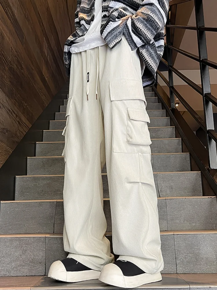 

American Sle Men's Workwear Pants Spring Autumn Corduroy Straight Leg Long Trousers Vintage Pleated Design Paratrooper Pants