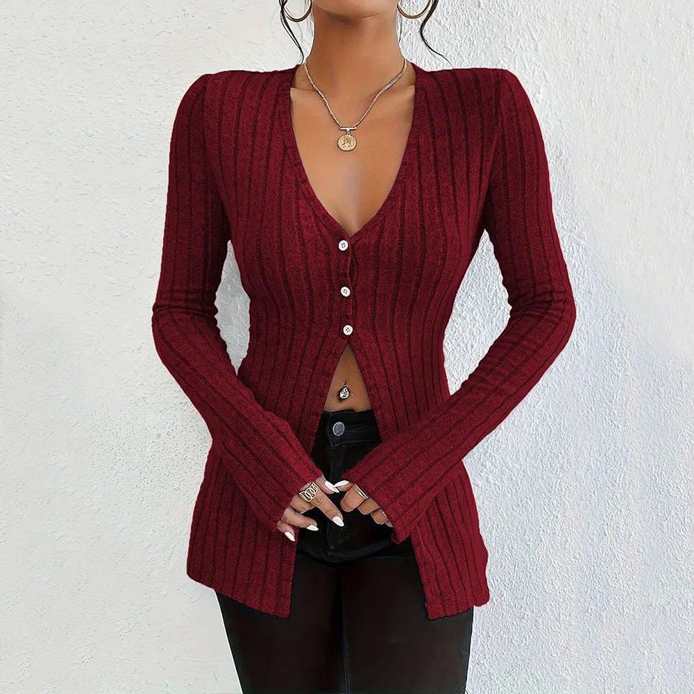 Women's Knitted Sweater French Sexy Style V-neck Long Sleeved Crop Top with Exposed Navel Design