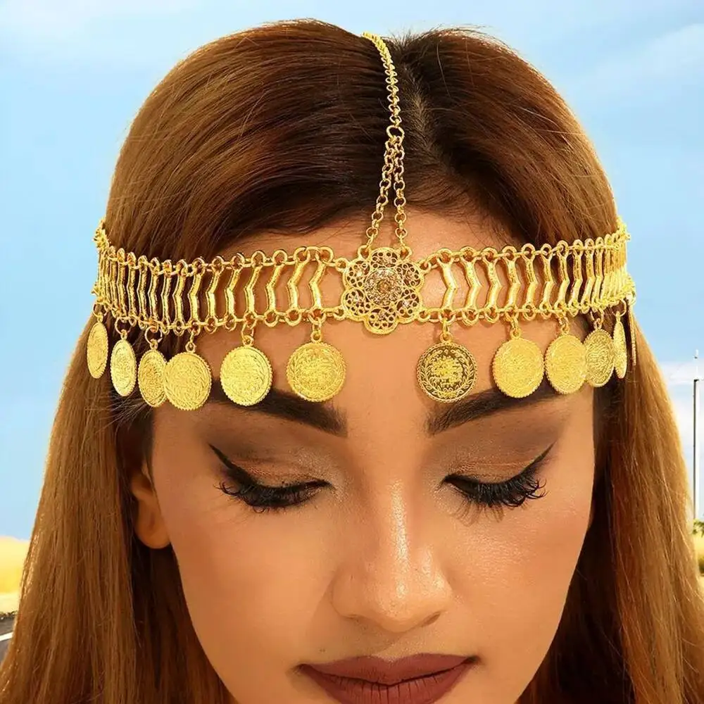 

Indian Bridal Head Chain Gold Color Alloy Hollow Rhinestone Flower Coin Tassel Wedding Accessories Bride Headdress For Women