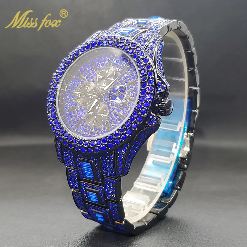 Blue Iced Out Watches For Men Special Trendy Luxury Diamond Quartz Watch For Male Hip Hop Gothic Street Style Clock Dropshipping